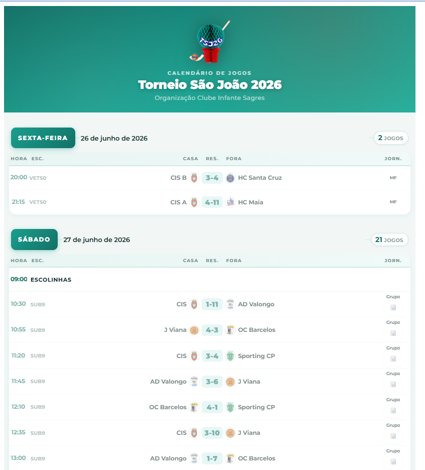 Calendário público do Torneio São João 2026